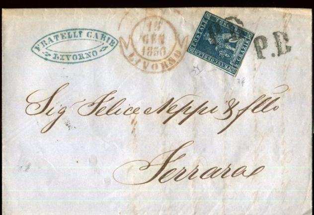 Antichi Stati italiani - Toscana 1851 - 6 crazie su lettera da Livorno a Ferrara - Sassone 7f