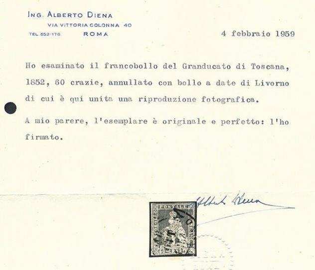 Antichi Stati italiani - Toscana 1851 - 60 crazie scarlatto cupo su grigio - Sassone N. 9