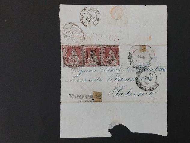 Antichi Stati italiani - Toscana 1851 - Parte rilevante di lettera inviata a Palermo, affrancata con una striscia di tre esemplari da 1 - Sassone A.S