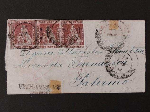 Antichi Stati italiani - Toscana 1851 - Parte rilevante di lettera inviata a Palermo, affrancata con una striscia di tre esemplari da 1 - Sassone A.S