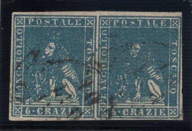 Antichi Stati italiani - Toscana 1857 - 6 cr. azzurro chiaro, coppia usata, ampi margini. Sassone ASI n. 15
