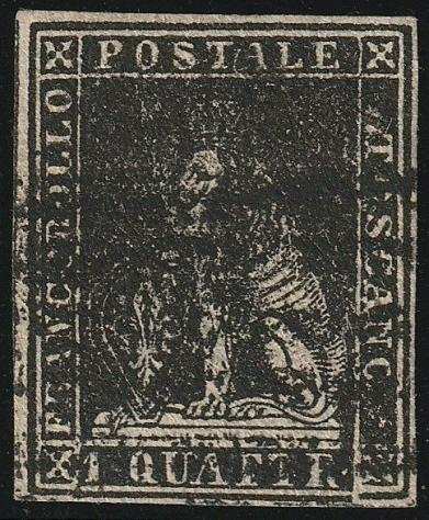 Antichi Stati italiani - Toscana - 1857 - II Em. 1 q. nero Sass 10 ben marginato usato Certificato Biondi f.Em.D, Ad raro e Spl