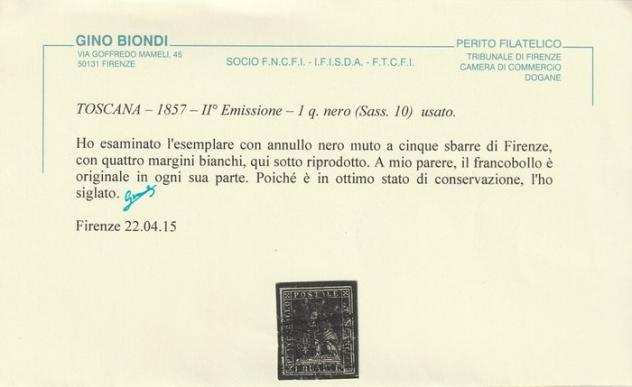 Antichi Stati italiani - Toscana - 1857 - II Em. 1 q. nero Sass 10 ben marginato usato Certificato Biondi f.Em.D, Ad raro e Spl