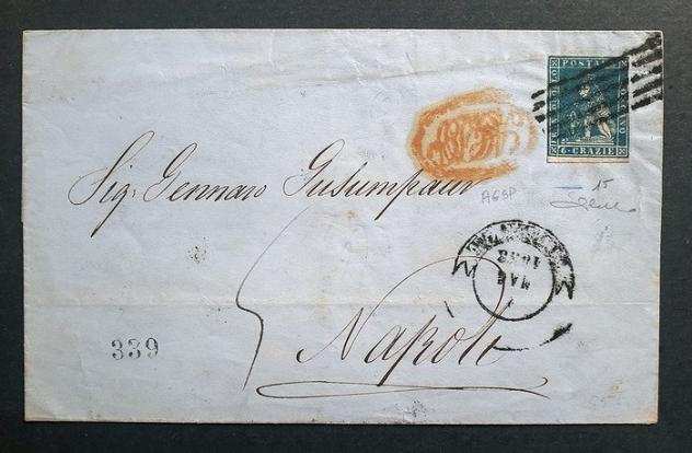 Antichi Stati italiani - Toscana 1858 - 6 crazie azzurro su Lettera di Firenze, con bollo AGDP ovale apposto a Napoli - Sassone N. 15