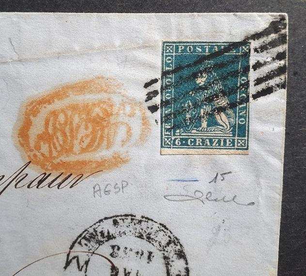Antichi Stati italiani - Toscana 1858 - 6 crazie azzurro su Lettera di Firenze, con bollo AGDP ovale apposto a Napoli - Sassone N. 15