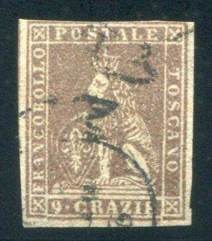 Antichi Stati italiani - Toscana 1859 - Governo Provvisorio 9 crazie bruno lillaceo su bianco - Sassone 16
