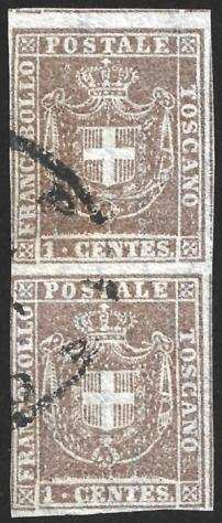 Antichi Stati italiani - Toscana 1860 - 1 cent. bruno lilla, coppia verticale - Sassone N. 17b