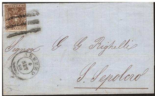 Antichi Stati italiani - Toscana 1860 - 10 cent bruno su lettera da Arezzo a San Sepolcro - Sassone N. 19