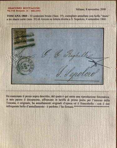 Antichi Stati italiani - Toscana 1860 - 10 cent bruno su lettera da Arezzo a San Sepolcro - Sassone N. 19