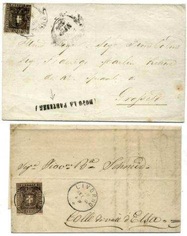 Antichi Stati italiani - Toscana 1860 - Governo Provvisorio, 10 centesimi. 2 buste. Una con annullo quot dopo la partenzaquot - Sassone N. 19