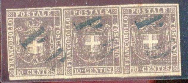 Antichi Stati italiani - Toscana 1860 - Governo Provvisorio 10 centesimi striscia di 3 - Sassone 19