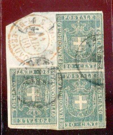 Antichi Stati italiani - Toscana 1860 - Governo Provvisorio Frammento con tre esemplari del 20 centesimi - Sassone 20c