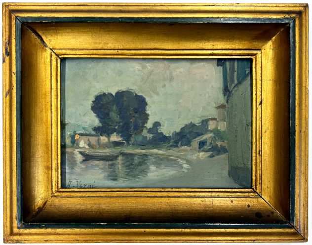 Arturo Verni pittore olio paesaggio con imbarcazione
