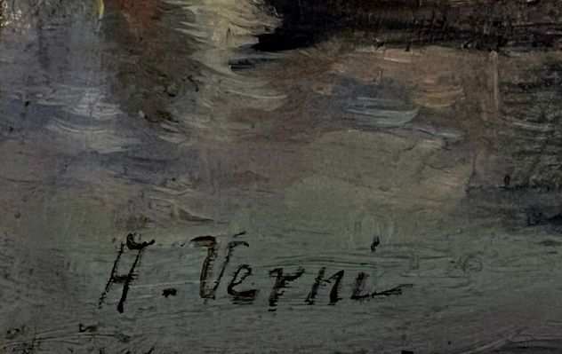 Arturo Verni pittore olio paesaggio con imbarcazione