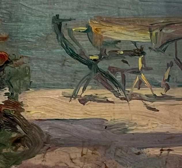 Arturo Verni pittore olio quadro ombrelloni sul lago