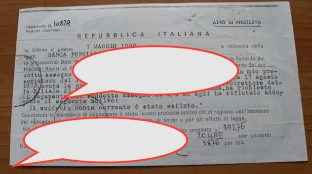 ASSEGNO DELLA BANCA POP- DI ANCONA URBINO DEL 1990 - CON ATTO DI PROTESTO -
