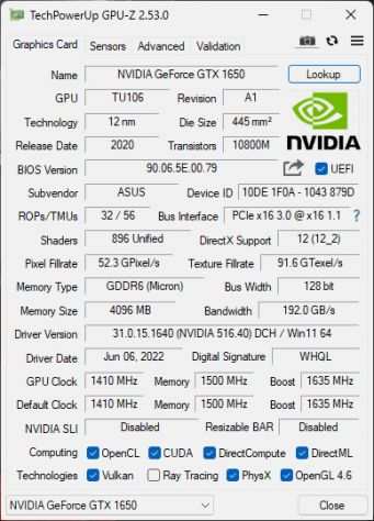 Asus Phoenix GTX 1650 Ultra 4GB GDDR6