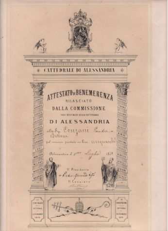 ATTESTATO DI BENEMERENZA PER RESTAURO CATTEDRALE DI ALESSANDRIA DEL 1879 -