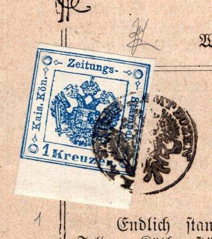 Austria 1853 - Segnatasse per giornali - 1 k. azzurro Ideg tipo usato su giornale - ottimi margini - molto raro - Unificato Ndeg 1