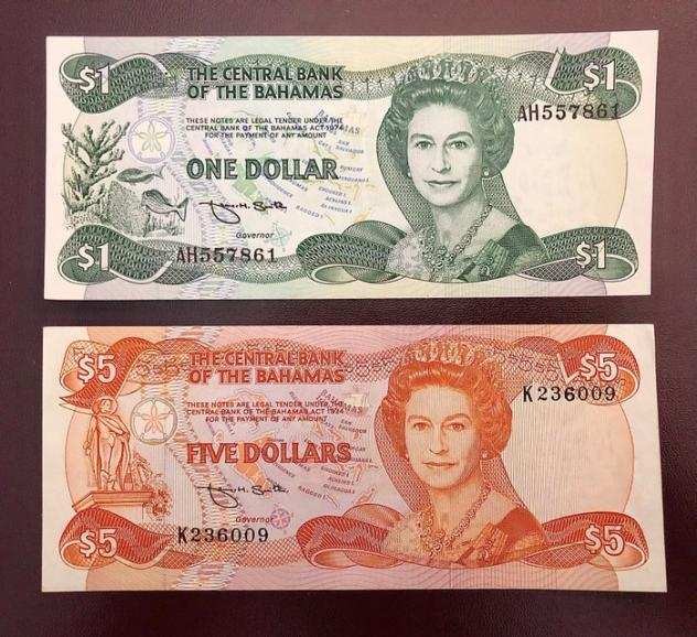 Bahamas - 1 and 5 Dollars L.1974 - Pick 43b and 45b