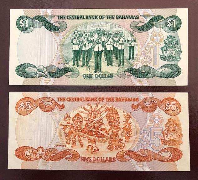 Bahamas - 1 and 5 Dollars L.1974 - Pick 43b and 45b