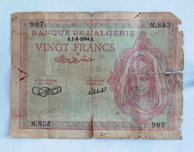 Banconota vintage Algeria 20 FRANCHI 1944