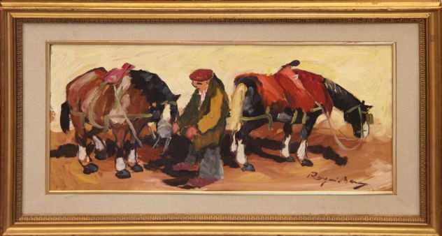 Basso Ragni pittore olio su faesite cavalli al riposo