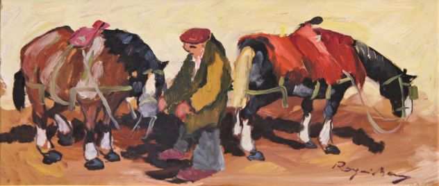 Basso Ragni pittore olio su faesite cavalli al riposo