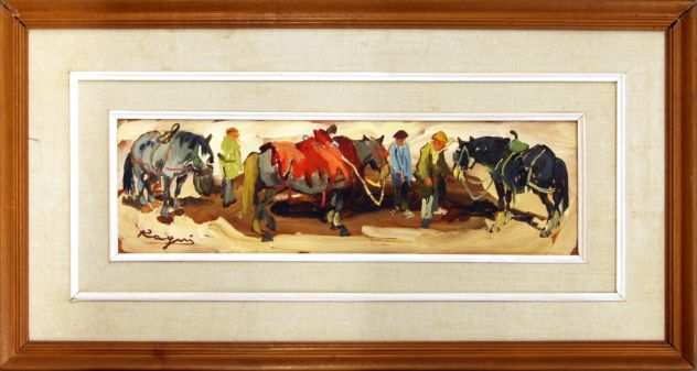 Basso Ragni pittore olio su tavoletta Figure con cavalli