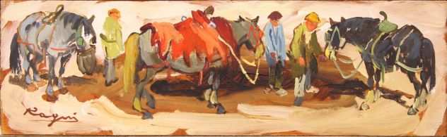 Basso Ragni pittore olio su tavoletta Figure con cavalli