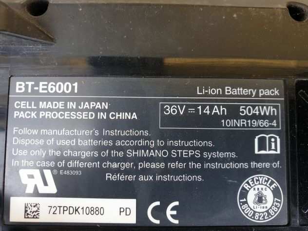 batteria Shimano 36V 14Ah 504 Wh Shimano BT-E6001