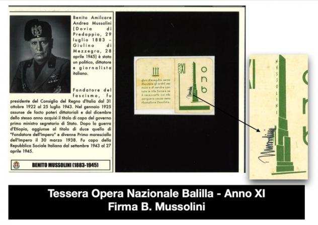 Benito Mussolini - Tessera dellOpera Nazionale Balilla quotLa piccola italianaquot con Autografo - 1933