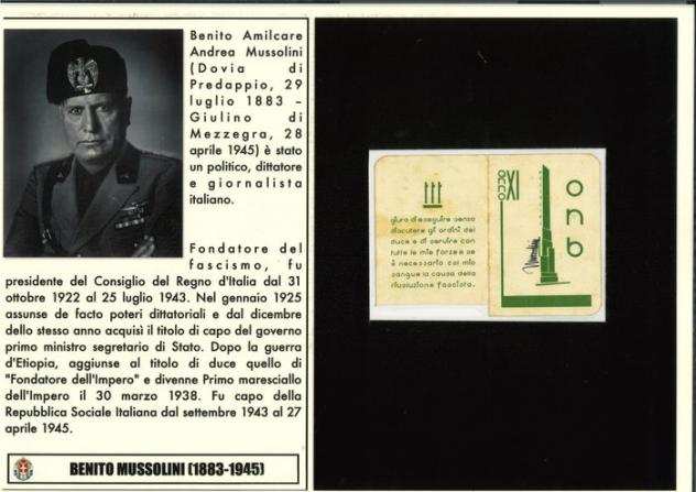 Benito Mussolini - Tessera dellOpera Nazionale Balilla quotLa piccola italianaquot con Autografo - 1933