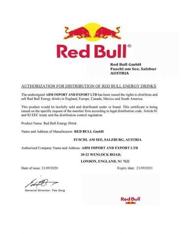 Bevanda energetica Red Bull Certificato di autorizzazione