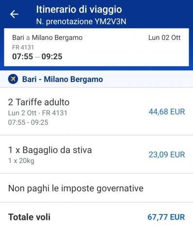 Biglietti aereo Bari - Milano Bergamo