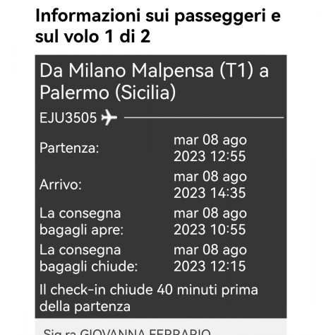 Biglietti aereo Malpensa Palermo dal 4 agosto al 28 agosto 2 adulti e 2 ragazzi