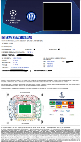 biglietti Inter - Real Sociedad secondo anello blu 45 euro