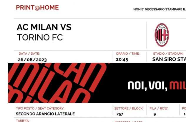 Biglietti Milan Torino 2 arancio - posti vicini