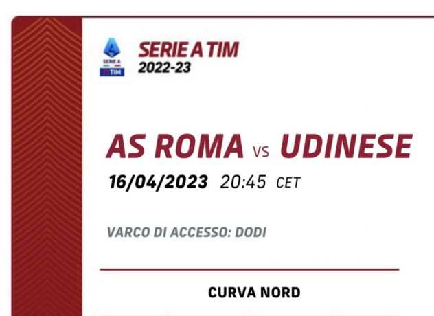 Biglietti Roma - Udinese 16423 CURVA NORD