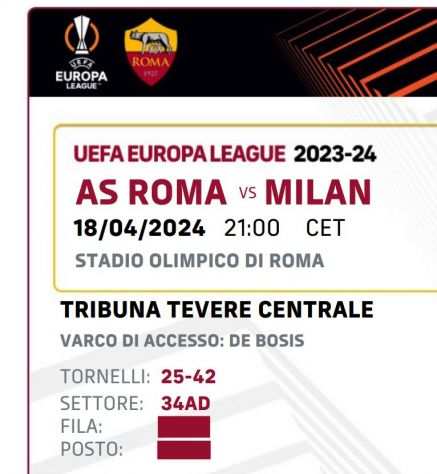 Biglietti TEVERE CENTRALE Roma Vs Milan Europa League 18042024