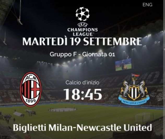 Biglietto 2deg Rosso Milan-Newcastle Champions League