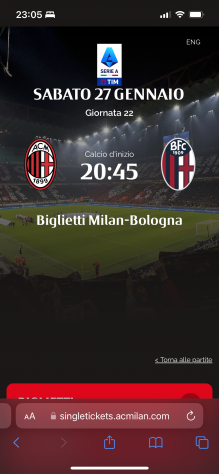 Biglietto AC Milan - FC Bologna Sabato 270104 Ore 20.45 1 Anello Arancione
