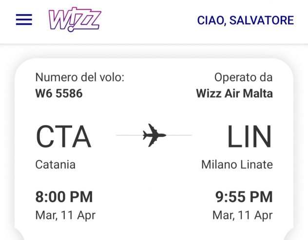 Biglietto aereo 11 Aprile 2023 da Catania CTA a Milano Linate LIN