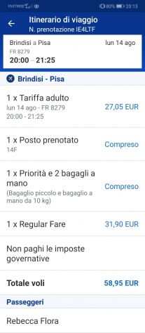 Biglietto aereo Brindisi-Pisa, 14 agosto (Ryanair)