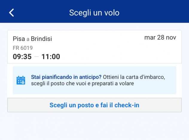biglietto aereo (PSA-BDS) Pisa - Brindisi 28112023 - Ryanair FR 6019