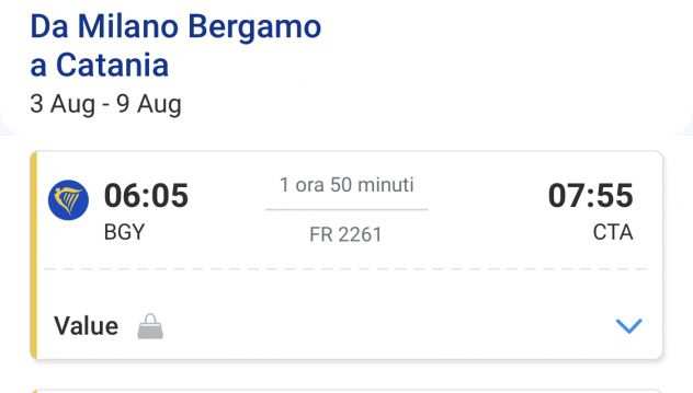 Biglietto aereo Ryanair Catania FR 2261