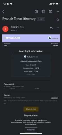 Biglietto aereo Ryanair Catania-Torino 3 Luglio 2023
