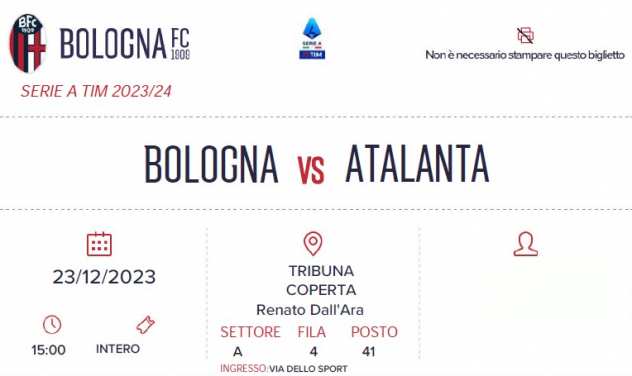 Biglietto Bologna vs Atalanta e Bologna vs Genoa - Tribuna coperta settore A