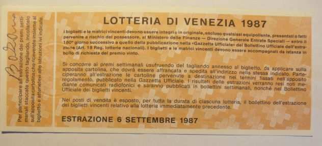 BIGLIETTO DELLA LOTTERIA DI VENEZIA 1987 con tagliando in fds -