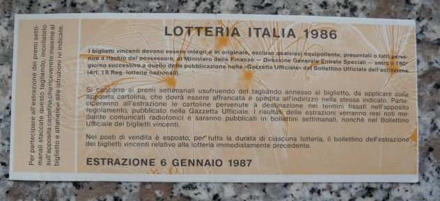BIGLIETTO DELLA LOTTERIA ITALIA 1986 con tagliando piega centrale senza scritte-